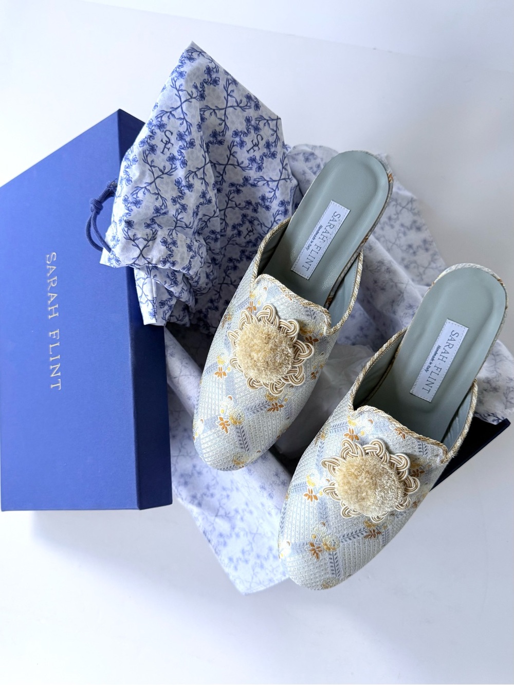 NIB Sarah Flint Women's Dressing Room Slipper Blue & Gold Jacquard Mule 38